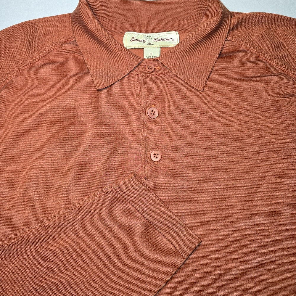 Tommy Bahama Men's XL Burnt Orange Long Sleeve Silk Blend Knit Polo Shirt Casual